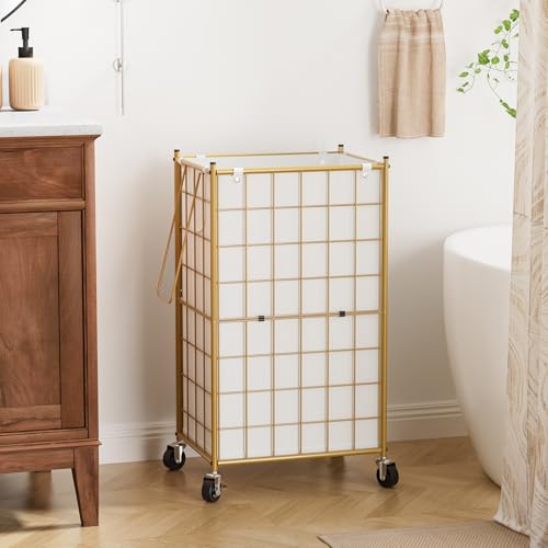WOWLIVE Rolling Laundry Basket, Metal Wire Frame Laundry Hamper with Wheels - color: Golden, size: 100l