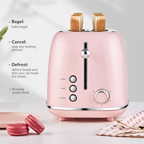 Roter Mond 2 Slice Toaster Retro Stainless Steel with Bagel, Cancel, and Defrost Functions, 6 Bread Shade Settings, Extra Wide Slots and Removable Crumb Tray, Pink - color: Pink