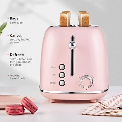 Roter Mond 2 Slice Toaster Retro Stainless Steel with Bagel, Cancel, and Defrost Functions, 6 Bread Shade Settings, Extra Wide Slots and Removable Crumb Tray, Pink - color: Pink