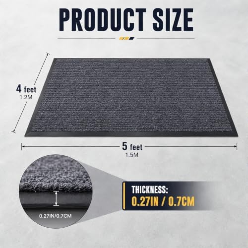 Commercial Floor Mat 4'x5' Grey Heavy Duty Rubber Entrance Rug - size: 4 x 5 feet