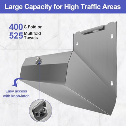 Stardrix Knob Latch (No Key Lock) Paper Towel Dispenser, Wall-Mount, Brushed Stainless Steel, Commercial Large Capacity, Fits 400 C-Fold / 525 Multi-Fold Towels - color: Brushed, size: 400 C Fold/525 Multi-Fold with Knob Latch