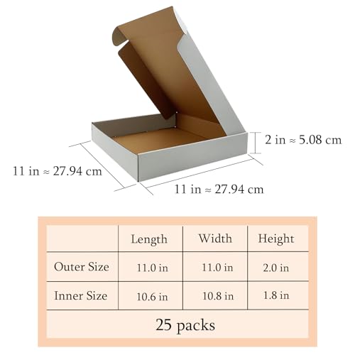11x11x2 Inch Shipping Boxes Set of 25,White Corrugated Cardboard Mailers - size: 11x11x2 inches