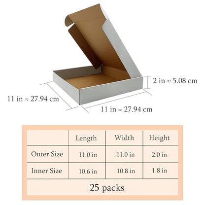 11x11x2 Inch Shipping Boxes Set of 25,White Corrugated Cardboard Mailers - size: 11x11x2 inches