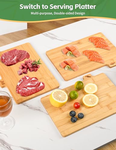 Bamboo Cutting Board Set with Meatal Stand, Lexda 4PCS Eco-Friendly Labeled Tabs Cutting Board, Durable Cutting Boards Kitchen For Chopping Fruit, Meat, Cheese, Veggies - 11" x 8"