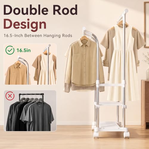 RORA Clothes Rack, Double Rod Rolling Clothing Racks for Hanging Clothes
