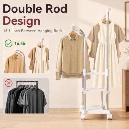 RORA Clothes Rack, Double Rod Rolling Clothing Racks for Hanging Clothes