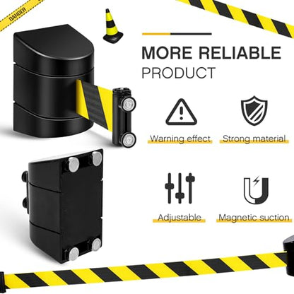 Landical 6 Pack 16.4 ft Magnetic Wall Mount Retractable Belt Magnetic Crowd Control Safety Retractable Wall Barrier with ABS Case, Safety Barrier for Grocery Retail Store (Yellow Black Rope) - color: Yellow Black Rope