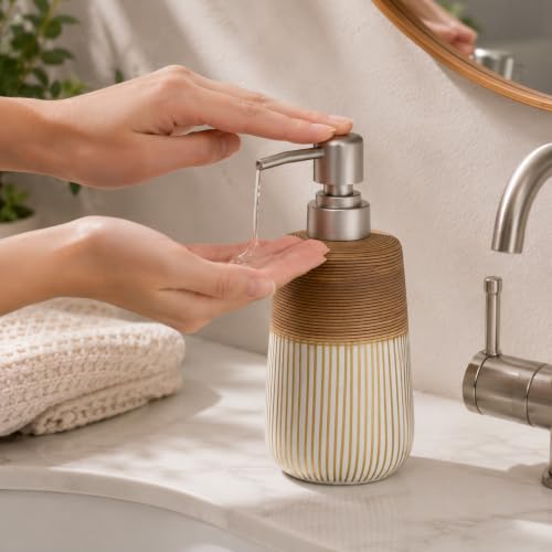 2 Pcs Ceramic Soap Dispenser Set, 16 Oz Refillable Liquid Soap Dispensers with Embossed Texture for Bathroom Countertop and Kitchen Sink, Hand Soap, Dish Soap & Lotion Bottles, Modern Home Decor - size: 2 Pcs x 16Oz Soap Dispenser