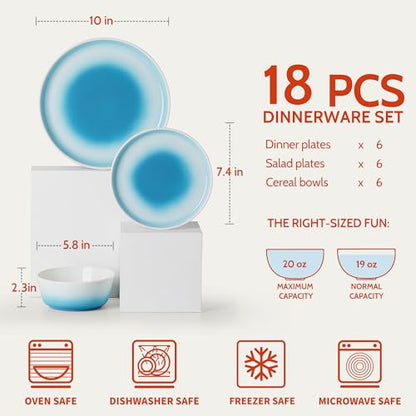 Sweese Porcelain Dinnerware Sets, Handpainted Plates and Bowls Set for 6, Scratch Resistant Dinner Set, Dishwasher and Oven Microwave Safe Dishes Set, Blue - color: Blue