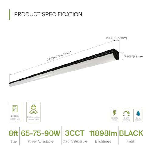 ASD Black Linear LED Shop Lights 8ft with Emergency Battery Backup - 65W-90W 120-277V 3500K-5000K Hanging Linkable High Bay LED Shop Lights for Garage, Workshop, Commercial Bay Lighting UL DLC - color: Black, size: 8FT Emergency