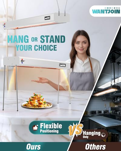 WantJoin Food Heat Lamp - 35 Inch Commercial Food Warmer Lamp Strip, 750W 86-176°F/30-80°C Electric Aluminum Hanging & Freestanding Dual-Use Heat Lamps for Kitchen Catering Restaurant Buffet, Silver