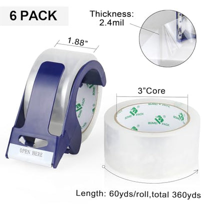 BOMEI PACK 6 Rolls Clear Silent Packing Tape, 1.88" x 60 yds with Blue Dispenser,Heavy Duty Packaging Carton Tape for Shipping Packaing Moving Sealing, 2.4mil Thickness, 60 Yards Per Roll - color: Clear