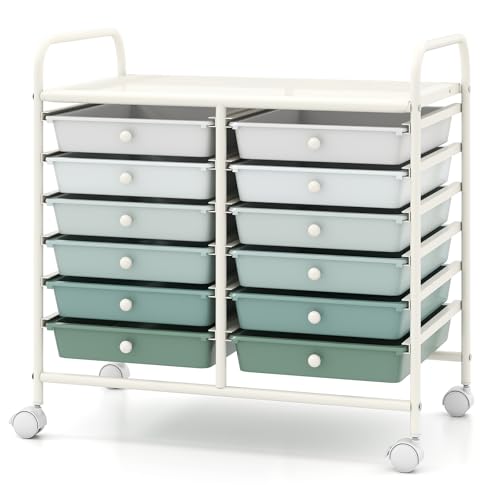 RELAX4LIFE 12-Drawer Rolling Storage Cart - Mobile Utility Cart on Wheels for School Classroom Teacher Office Salon, Paper File Art Supply Craft Organizer, Rolling Cart with Drawers (Gradient Green) - color: Gradient Green, size: 24.5''