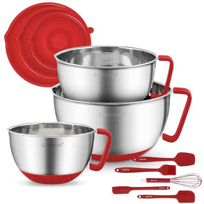 Rorence Stainless Steel Mixing Bowls: Metal Mixing Bowl Set with Lids and Handles Non-slip Silicone Bottom Nesting Bowls for Kitchen Set of 3 - Red - color: Red