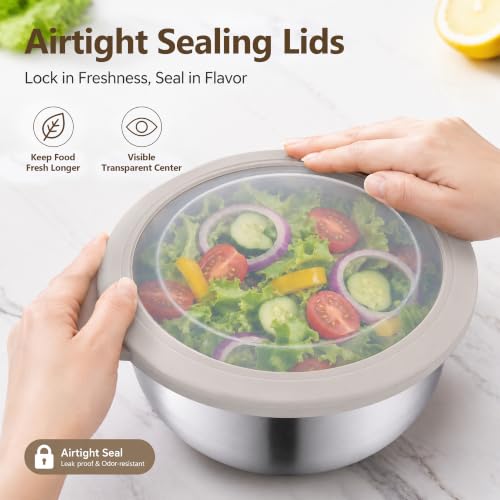 E-far Mixing Bowls with Lids Set of 5, Stainless Steel Nesting Salad Bowls - color: Khaki