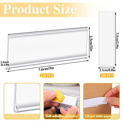 120 Set Shelf Labels, 3 x 1in Adhesive Label Holders with White Paper Tags