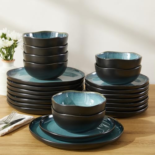 Pokini Stoneware Dinnerware Sets for 8, 24Pcs Ceramic Plates and Bowls Sets - color: Green Black, size: Set (24pcs)