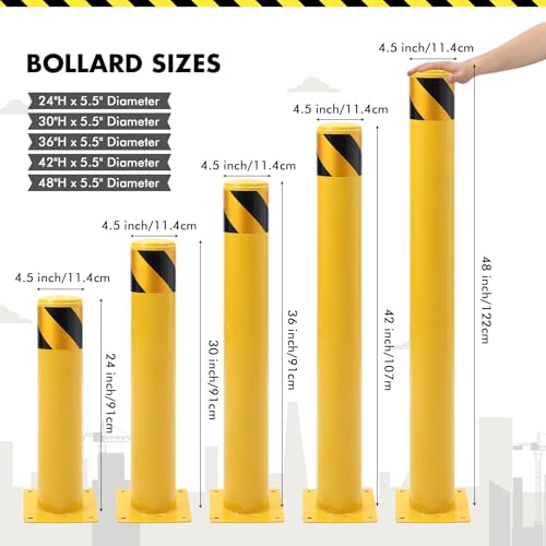 Safety Bollard Post, 30 x 4.5 inch Removable Steel Traffic Parking Barrier Bollards, Yellow, 6 Pack - size: 30"Hx4.5"D