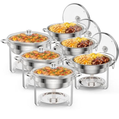 ROVSUN 5 Qt 6 Pack Chafing Dishes for Buffet, Stainless Steel Round Chafers for Catering, Buffet Servers and Warmers Set with Glass Lid & Lid Holder, Stackable Design for Wedding Party Event - size: 6 Pack