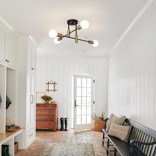 Garwarm 2 Pack 4-Light Industrial Semi Flush Mount Sputnik Ceiling Light Fixture, Black and Gold Modern Sputnik Chandelier for Porch Bedroom Hallway Kitchen Farmhouse - color: 2 Pack 4-Lights,Black & Gold
