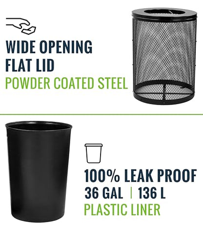 Alpine Outdoor Trash Can 36 Gallon Diamond Steel Commercial Metal Waste Bin with Leak Proof Liner, Heavy Duty Steel Mesh Design, Flat Wide Open Top Lid for Parks, Streets, and Public Spaces-Black - style: Open Top Lid