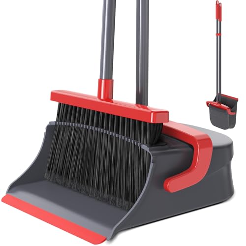 Broom with Dustpan Set for Pet Hair & Dust Cleanup, Red & Gray - color: Red & Gray