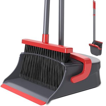 Broom with Dustpan Set for Pet Hair & Dust Cleanup, Red & Gray - color: Red & Gray