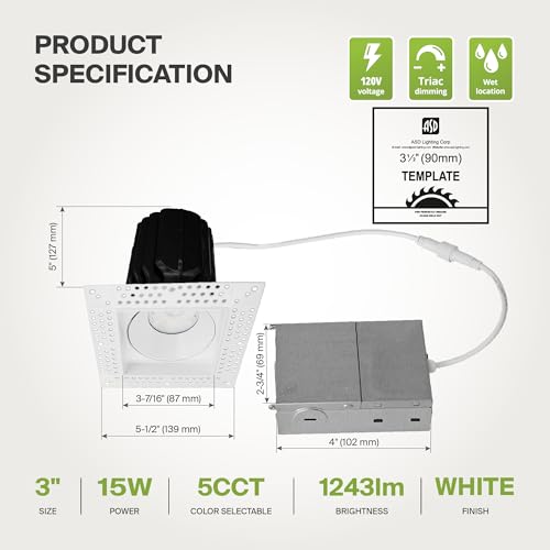 ASD 3 Inch Trimless LED Recessed Ceiling Light Fixture, Mud-in Canless Downlight with Junction Box, 5CCT Selectable 2700K-5000K, 15W 1243 Lumens, CRI90+, Anti-Glare, Dimmable, IC & Wet Rated, ETL - color: White 1 Pack, size: 3" 15 Watt
