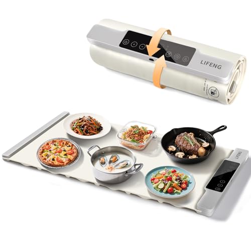 LIFENG Food Warming Mat, Extra Large 25.6×13.4 Inch Silicone Electric Warming Tray, Rollable Portable with 7 Temp Settings, Even Heating Easy Clean for Holiday Party Buffet Daily Kitchen Use, Beige - color: Beige, size: 25.59x13.39Inch