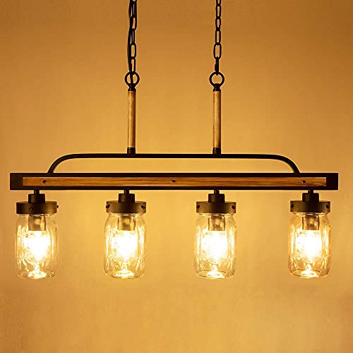 Wellmet Farmhouse Dining Room Chandelier, Black Mason Jar Chandelier Lighting Fixture for Kitchen Island, Dining Table, Rustic Linear Cluster Hanging Pendant Light, Faux Wood with Glass Shade