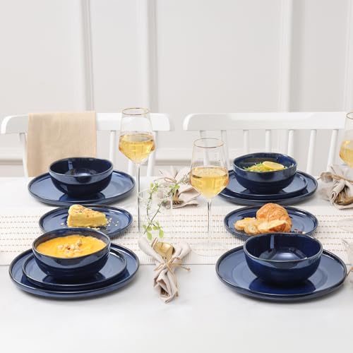 Vicrays Ceramic 12 Pieces Dinnerware Set - Dinner Plates Salad Plates Cereal Bowls Set Service for 4 - Scratch Resistant Microwave Oven Dishwasher Safe - Blue - color: Blue