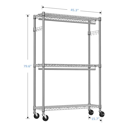 IZEUK Heavy Duty Rolling Garment Rack Wire Clothes Rack for Hanging Clothes (Chrome, 3 Tier with 2 Rod, 15.7" D x 45.3" W x 79.6" H) - color: Chrome, size: 3 Tier with 2 Rods, 15.7"D x 45.3"W x 79.6"H