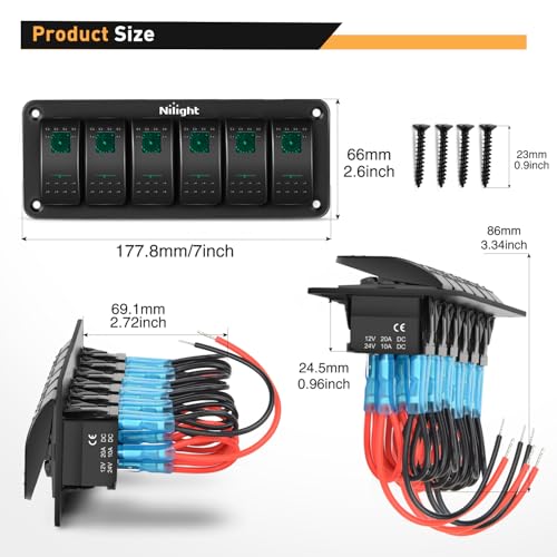 Nilight 6 Gang Rocker Switch Panel SPST On Off 5PIN Electrical Toggle Green - color: Green, size: 6 Gang