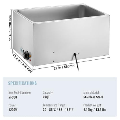 VEVOR Commercial Food Warmer 24QT Bain Marie 1200W Electric Buffet Steam Table - Countertop Stainless Steel for Wet or Dry Use - Parties, Catering and Restaurant - size: 12x20 Full Pan with display