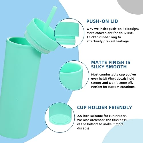 Volhoply 16oz Plastic Skinny Tumbler With Lid and Straw Bulk 4 Pack,Insulated Double Wall BPA Free Matte Acrylic Tumblers,Iced Coffee Travel Mug Reusable Party Cup,Customizable Diy Gifts(Green,4 Set) - color: Green