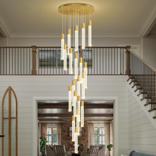 Large 20-Light Gold Crystal Chandelier Modern Dimmable LED Pendant Light Height Adjustable Hanging Fixture for High Ceilings Foyer Staircase Hotel Lobby - color: Gold, size: 20-Light