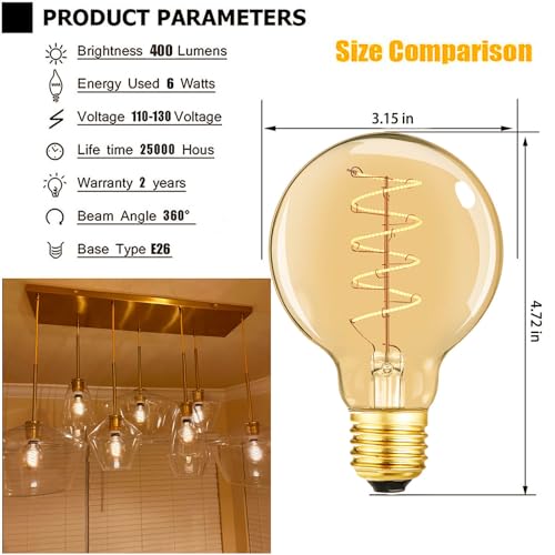 Leools Vintage LED Spiral Filament Bulb G25/G80 Dimmable Flick-Free 6W CRI95 LED Edison Globe Light Bulb E26 Base,Amber Glass,Warm White,2200K, 400LM(40W Equivalent), Pack of 4 - style: G25-4.72in