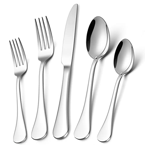 LIANYU 20-Piece 18/10 Flatware Set, Stainless Steel Fancy Silverware Cutlery Set for 4, Tableware Eating Utensils for Restaurant Wedding, Dishwasher Safe, Mirror Polished - style: Round Edge