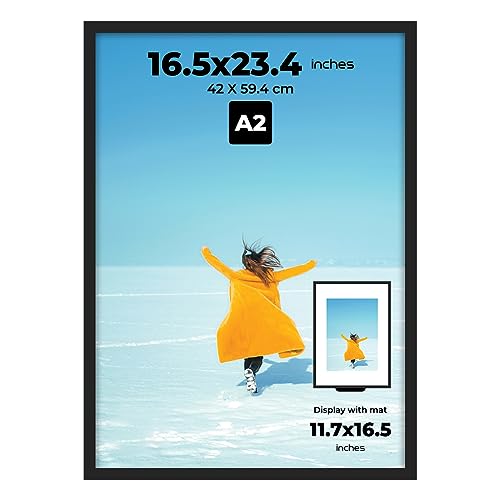 WOOD Black A2 Frame Display 16.5 x 23.4 inch Posters and Pictures - Horizontal and Vertical Wall Hanging Option, Suitable for Photos, Posters and Artwork - Perfect for Gifting and Home Decor - size: A2