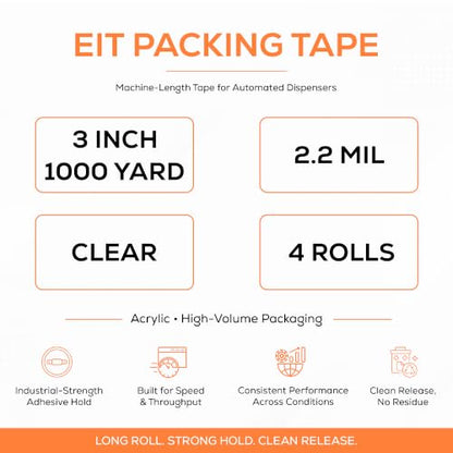 EIt Packing Tape, 3 Inch x 1000 Yard, 2.2 Mil, Clear 4 Rolls Machine Length - size: 2.2 Mil