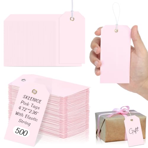 500 Pcs Pink Hang Tags with Elastic String 4 3/4" X 2 3/8" Blank Paper Gift Tags with Reinforced Hole Writable Price Shipping Tags for Inventory Retail Labeling Wedding Favors Valentine's Day - color: Pink, size: 4 3/4" × 2 3/8"