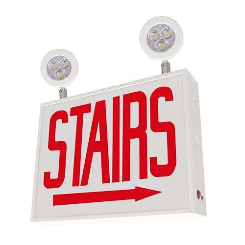 LFI Lights® Chicago Approved Combo Exit Sign with Emergency Lights, UL 924 Listed,(Stairs Right Arrow), Red LED, White, Steel Housing, Glass Panel, 120-277VAC Wall, Ceiling or Side Mount, Hardwired with Battery Backup CHCORWBBSTAIRRA - style: STAIRS Right