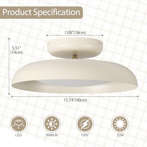 Dimmable LED Ceiling Light, Brass Accent, 15.7 inch Semi Flush Mount - color: Cream