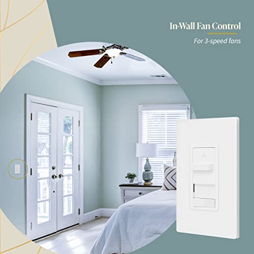 TOPGREENER Kalide Light Switch and 3-Speed Ceiling Fan Control Combo, in Wall Light and Fan Combination Switch, Single Pole, 2.5A, 720W, Neutral Wire Not Required, TGSFS3-W, White - color: White, size: Light Switch with Fan