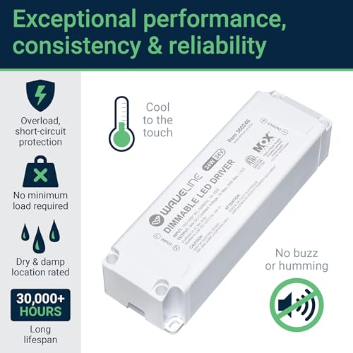 WaveLine 24V DC Dimmable LED Driver Power Supply 60 Watt – Triac Dimming AC to DC Transformer, 120V Input to 24 Volt Constant Voltage Output for LED Strip Light, Under Cabinet & Puck Lighting