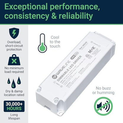 WaveLine 24V DC Dimmable LED Driver Power Supply 60 Watt – Triac Dimming AC to DC Transformer, 120V Input to 24 Volt Constant Voltage Output for LED Strip Light, Under Cabinet & Puck Lighting