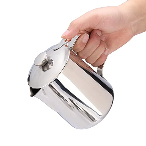 Stainless Steel Pitcher, 350ml Milk Pitcher with Lid，Stainless Steel Coffee Cup Mug Milk Frothing Jug for Latte Coffee Art for Office Kitchen (4.13in Height) - size: 11.8 Ounces