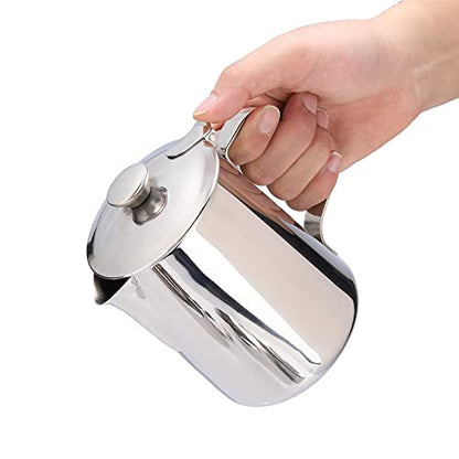 Stainless Steel Pitcher, 350ml Milk Pitcher with Lid，Stainless Steel Coffee Cup Mug Milk Frothing Jug for Latte Coffee Art for Office Kitchen (4.13in Height) - size: 11.8 Ounces