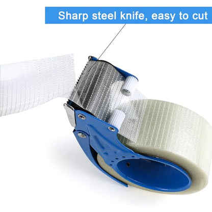 BOMEI PACK 3Rolls Filament Strapping Tape 2Inch with Dispenser, Heavy Duty Fiberglass Reinforced Packing Tape for Shipping, Cross Bi Directional Filanent Tape 2inch x 30Yds x 5.9Mil, Total 90Yds