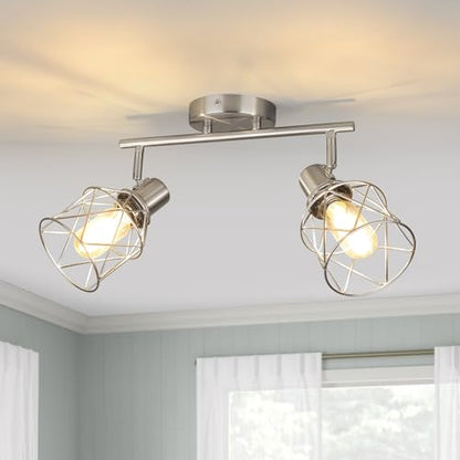 WILON Industrial Track Lighting Kit, 2 Light Modern Track Lighting Fixtures Brushed Nickel Flush Mount Ceiling Light Rotatable Light Head E26 Base Ceiling Spotlight for Kitchen Dining Room Hallway - color: Brushed Nickel, size: 2-Light-Cage